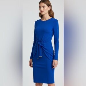 Michael Kors Dress Royal Blue Fitted Jersey Long Sleeves Tie at Waist XS